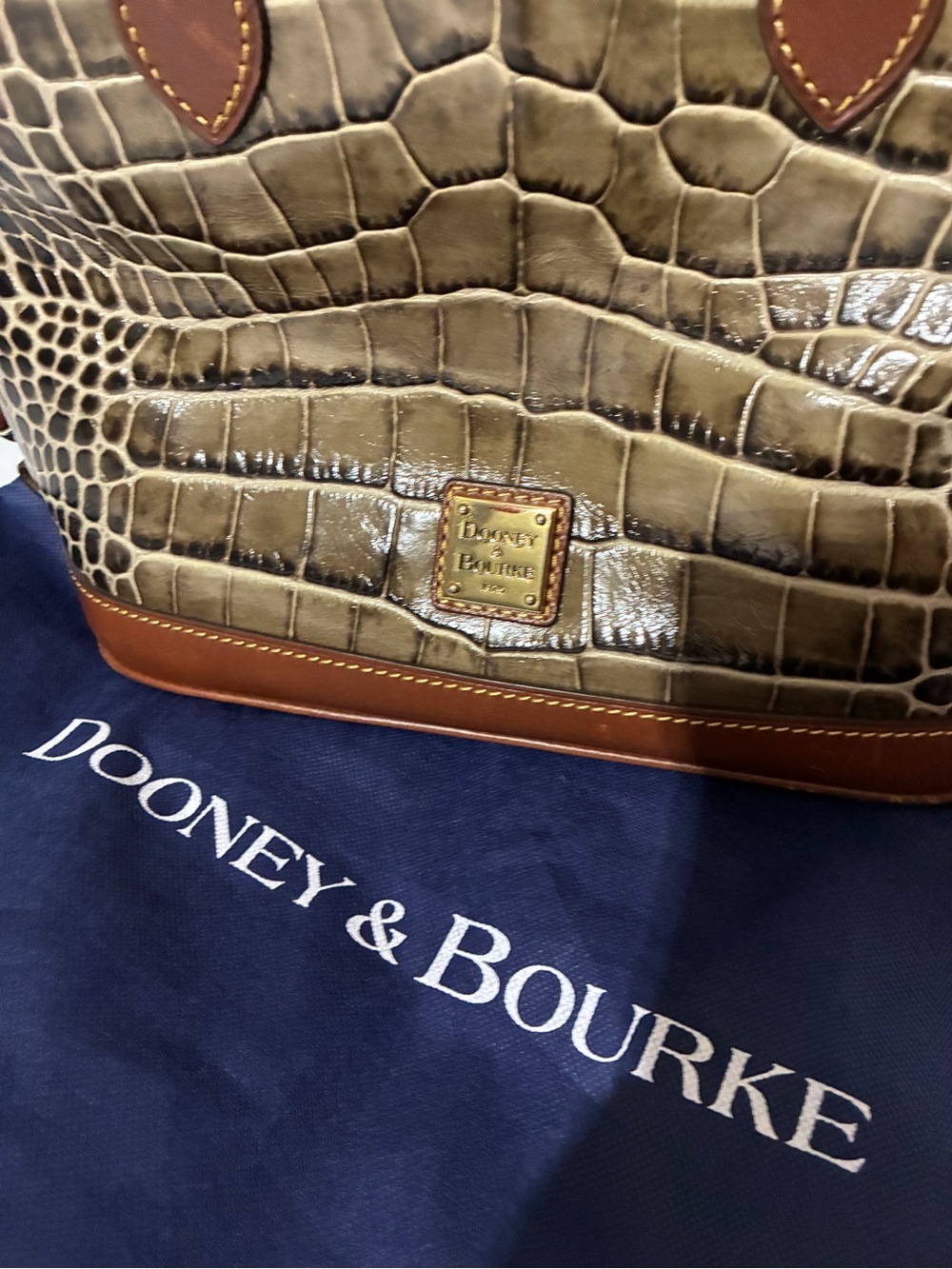 Dooney & Bourke Olive Croc-Embossed Tote with Brown Trim